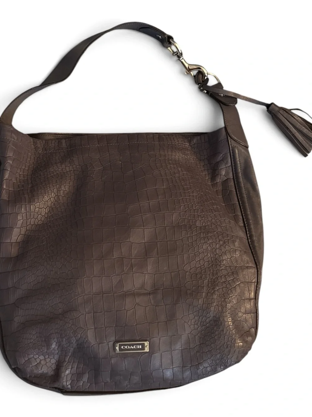 Coach Dark Brown Croc-Embossed Leather Shoulder Bag with Tassel